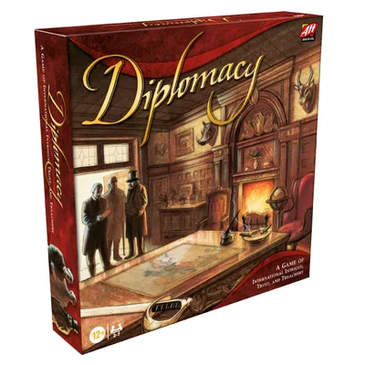 A board game box depicting an interior scene with people and a map table.