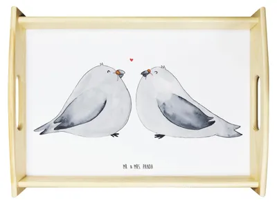 Produktbild von Mr. & Mrs. Panda Tablett Turteltauben Liebe - Weiß - Geschenk, sofatablett, Freundin, Hochzeit, für bett, Sofa, Hochzeitstag, holz, Serviertablett