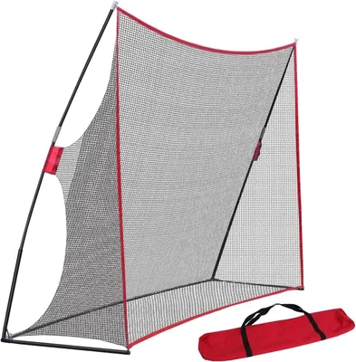Image de Filet d'entraînement de golf - Filet de frappe - 305 x 90 x 217 cm - Avec sac de transport - Pour entraînement en intérieur et en extérieur - Rouge et noir