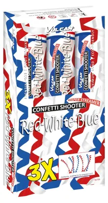 Image de tireur de confettis en 3 parties - rouge, blanc, bleu - serpentins en papier - Tire à une distance de 5 à 8 mètres.