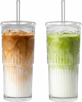 2er-Set Glasbecher 720 ml mit Deckeln & Strohhalmen, durchsichtig