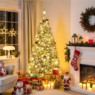 Produktbild von Yaheetech 183cm Künstlicher Weihnachtsbaum mit Schnee & 250 LED, ca.780 Spitzen, Tannenbaum mit Metallständer, Weiß & Grün