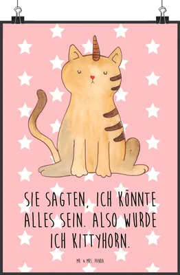 Produktbild von Mr. & Mrs. Panda Bild Einhorn Katze DIN A2 - Rot Pastell - Geschenk, Wandbild, wanddeko, Glitzer, Regenbogen, Unicorn, Mieze, drucke, Plakat, Kunstdruck