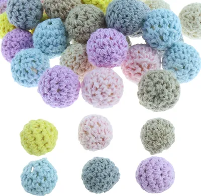 Produktbild von 35 PCS Gehäkelt Holzperlen, Häkelperlen 16 mm Bunte Garn Holzkugeln Mit Fädellöchern Handgefertigte Holzkugeln Runde Gehäkelt Holzperlen mit Loch zum Auffädeln, für DIY Schmuck Herstellung