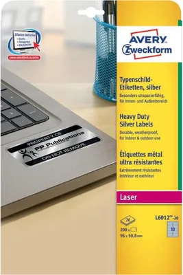 Obrázek produktu pro Avery L6012-20, Stříbrná, Zaoblený obdélník, Permanentní, 96 x 50.8 mm, A4, Polyester