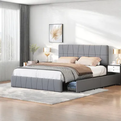 Obrázek produktu pro postel 160x200, rám postele s výškově nastavitelným čalouněným čelem, 4 zásuvky, šedá barva