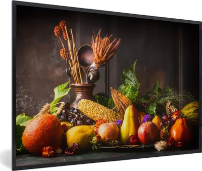 Produktbild von MuchoWow® Gerahmtes Poster Gemüse - Obst - Rustikal - Tisch 90x60 cm - Poster mit Schwarzem Bilderrahmen Wandposter Rahmen Foto Bilder - Fotorahmen - Foto-Plakat