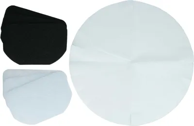 A set of filters for a deep fryer, including black activated carbon filters and white paper filters.