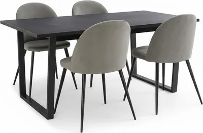 Produktbild von Tilst Essgruppe Tisch schwarz Marmor Print 90x160 4 Stühlen Velour grau.