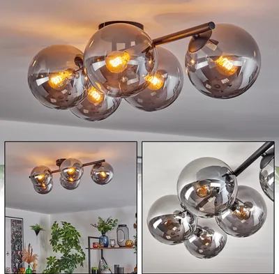 Produktbild von Fossobiubo 5-flammige Deckenlampe aus Metall/Glas in Schwarz/Rauchfarben