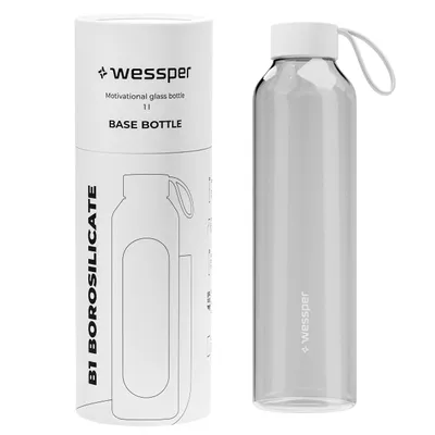 Produktbild von Wessper Trinkflasche aus Glas mit Silikonhülle – 1 L – mit Zeitmarkierungen – Transparent
