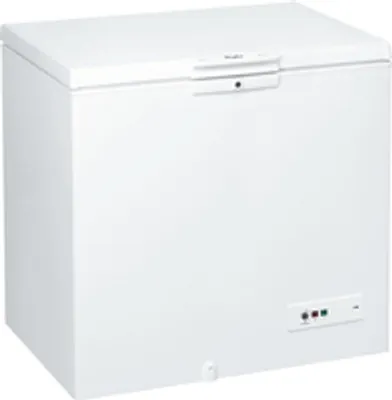 A white chest freezer is shown from a front-diagonal angle against a white background.