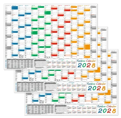 Produktbild von 3 Stück Rainbow Wandkalender / Wandplaner 2028 (gerollt) DIN A0 Format (841 x 1189 mm) 14 Monate, komplette Jahresvorschau Folgejahr und Ferientermine / Feiertage aller Bundesländer