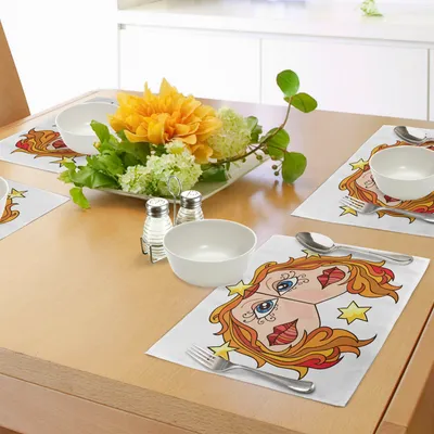 Produktbild von ABAKUHAUS Sternzeichen Zwillinge Platzmatten, Die Zwillinge des Tierkreis-Themas symmetrische Gesichter mit Stern-Karikatur-Design, Digitaldruck auf Waschbaren Stoff Tischdekoration Küche, Mehrfarbig