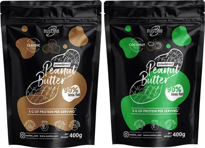Produktbild von Nustino - Erdnussbutter Pulver Set Classic, Kokos 2x400g - 90% Weniger Fett - Proteinreich - Fettarm - Ohne Palmöl - Ideal für Shakes, Backen