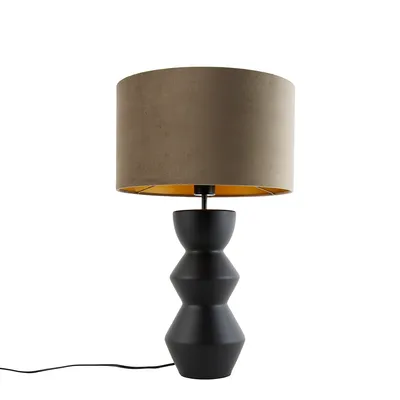 Produktbild von QAZQA - Design Design-Tischleuchte I Tischlampe I Lampe I Leuchte Schwarz Samt-Schirm Taupe mit Gold I Messing 35 cm - Alisia I Wohnzimmer I Schlafzimmer - Keramik Rund - LED geeignet E27