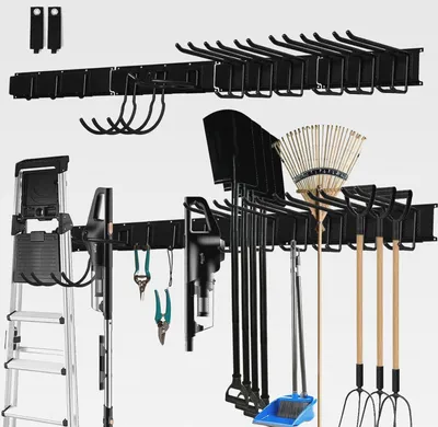 Produktbild von Besenhalterung Wand, Garagen Wand Management Aufbewahrungsregal, Robuste Edelstahlhalterung mit 12 Haken, Gartengeräte Halterung für Skiausrüstung Brush Mop Besen und Gartengeräte (Schwarz)