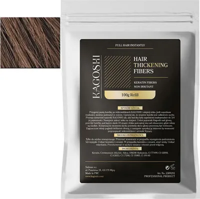 Zdjęcie produktu dla Kagoshi Saszetka 100g Mikrowłókna do Zagęszczania Rzadkich Włosów Efekt Natychmiast Gęste Włosy Refill Hair Fibers ŚREDNI BRĄZ