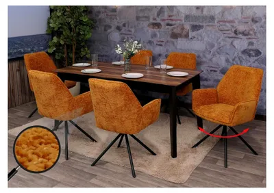 Produktbild von 6er-Set Esszimmerstuhl mit Armlehne, drehbar Auto-Position, Chenille   - senfgelb