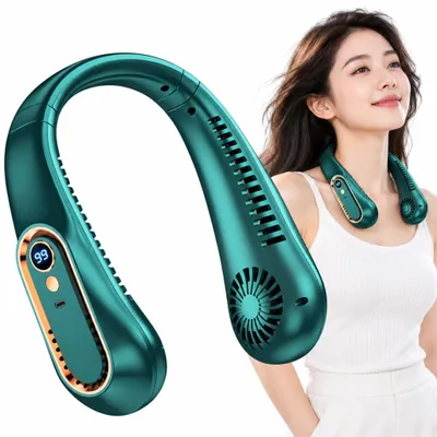Produktbild von Nackenventilator tragbar mit 7000 mAh Akku – Halsventilator, 5 Stufen, Digitaldisplay, leise, Hände frei – Grün