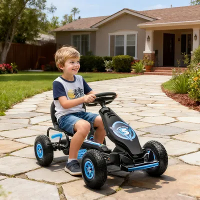 Produktbild von Sweiko Kinder-Gokart, mit Pedalen, verstellbarem Sitz, In- und Outdoor, ab 5 Jahren, blau+schwarz, 121 x 58 x 61 cm