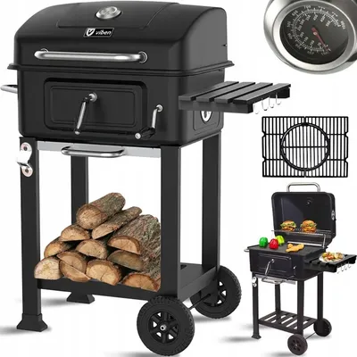 Imagen del producto de Barbacoa de carbón con rejilla de hierro fundido, parrilla para jardín con tapa y termómetro, 95,5 x 62,7 x 104 cm, carro para barbacoa de carbón con ruedas, barbacoa de carbón compacta