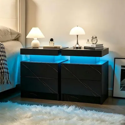 Obrázok produktu pre Sada dvoch nočných stolíkov s LED osvetlením, moderný dizajn, s dvoma zásuvkami, viacfarebné LED osvetlenie vhodné do spálne, čierna a zlatá farba, rozmer každého stolíka: 40 x 40 x 40 cm