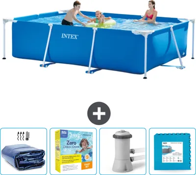 Obrázok produktu pre Bazén Intex s obdĺžnikovým rámom - 300 x 200 x 75 cm - modrý - vrátane markízy - balík na údržbu - filtračné čerpadlo pre bazén - dlažba