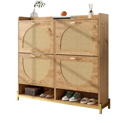 Produktbild von Eleganter Schuhschrank aus Holz mit Rattantüren – 4 Türen, Metallrahmen und oberes Regal für stilvolle und übersichtliche Aufbewahrung