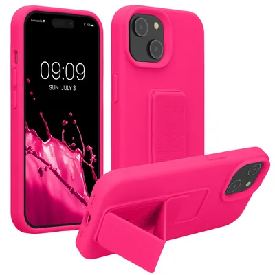 Produktbild von kwmobile Handyhülle für Apple iPhone 15 Hülle - TPU Silikon Case mit Fingerhalter und Stand - Schutzhülle Cover in Neon Pink