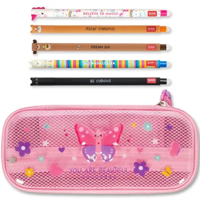 Produktbild von LEGAMI WonderWow Federmäppchen & radierbarer Stift | Set mit 5 niedlichen Tierstiften mit thermosensitiver Tinte + Federmäppchen mit 2 Fächern (Schmetterling)