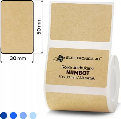 A roll of self-adhesive labels for a printer, with dimensions and quantity indicated.