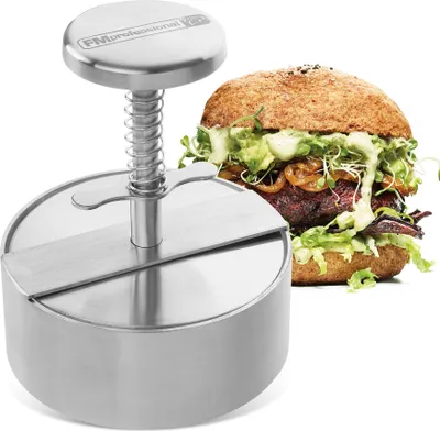 Produktbild von FMprofessional Burgerpresse aus Hochwertigem Edelstahl, BBQ Burger, für Perfekte und gleichmäßige Pattys, Profi-Presse mit Skalierung bis 400g (Farbe: Silber)