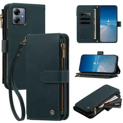 Obrázek produktu pro Pouzdro pro Motorola Moto G14 / Moto G54,Polyuretankůže peněženkové pouzdro, na karty, kapsa na zip, stojánek, poutko Zelená