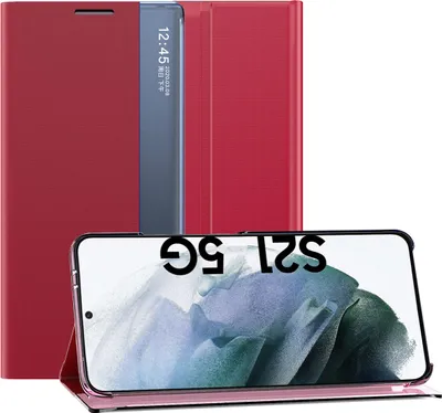Produktbild von Samsung Galaxy S21 5G Hülle, LaimTop Slim Flip Leder Smart View Window Klappetui Schutzhülle mit Standfunktion für Samsung Galaxy S21 5G Rot