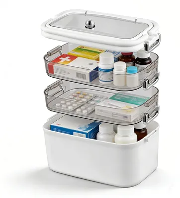 Produktbild von Medikamentenbox mit 4 Fächern, Hausapotheke mit Griff, große Medikamentenbox mit Schloss und Deckel, multifunktionale Aufbewahrungsbox für Zuhause und Büro