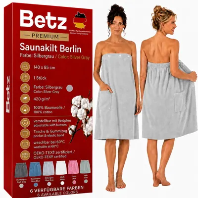 Produktbild von Betz Saunakilt Berlin – Frottee Saunakilt für Damen 100% Baumwolle, 420 g/m² –verstellbar mit Knöpfen & Gummizug –Saunahandtuch mit Tasche- silbergrau