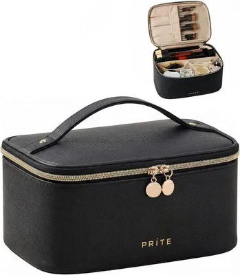 Produktbild von Große Kosmetiktasche für Damen, wasserdichte Toilettentasche aus Leder, tragbare Kosmetiktasche mit Tragegriff und abnehmbarem Innenfach, schwarz, ideal für Reisen