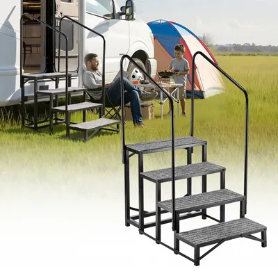 Produktbild von Wohnmobil Treppe - Außentreppe 4 Stufen - Mit 2 Handläufen - Tragkraft 300 kg - Rutschfeste Stufen - Einstiegshilfe - Für Senioren & Haustiere - Für Camper, Mobilheim, Pool