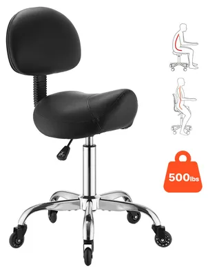 Produktbild von VEVOR Sattelhocker 226,8 kg, Rollhocker Höhenverstellbar, Bürohocker mit Rückenlehne, Leiser Rolle, Ergonomischem Sitz aus Kunstleder, 360° Drehbar, ideal für Salon, Spa, Bar, Arztpraxis, Schwarz