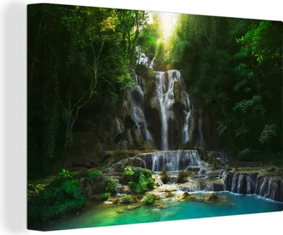 Produktbild von OneMillionCanvasses® - Leinwandbilder - 140x90 cm, Wasserfall - Sonne - Bäume, Wandbilder Kunstdruck Wanddekoration