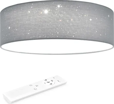 A ceiling light fixture with a star pattern and a remote control.