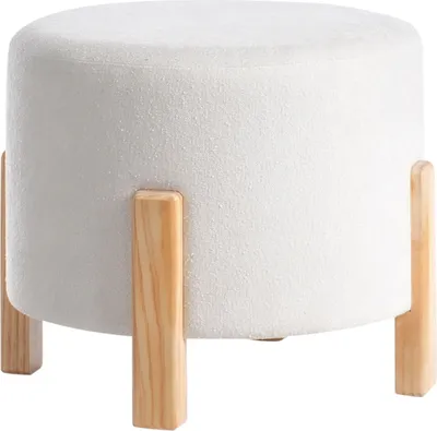 Produktbild von BELIANI Pouf Cremeweiß Chenille Stoffbezug Gepolstert auf Holzbeinen Rund Skandi Stil Fußhocker Sitzhocker für Wohnzimmer Schlafzimmer Flur