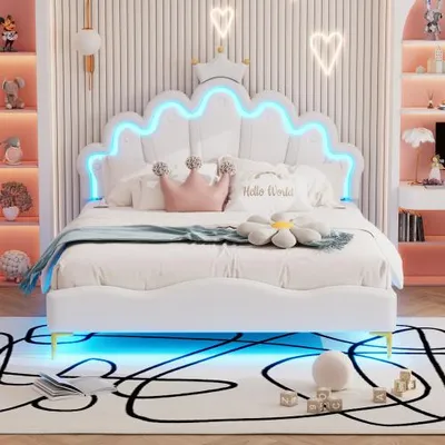 Produktbild von 140*200cm Flaches Doppelbett, kronenförmiges Prinzessinnenbett, weiche Polsterung aus Kunstleder, verstellbarer LED-Umgebungslichtstreifen, weiß