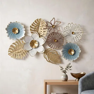 Produktbild von Wandbild Metall 3D 87x54cm Gold Weiß Türkis Monstera Schmetterling Wanddeko Deko