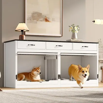 Produktbild von Hundekäfig XXL für Große Hunde Holz-Metall Hundeboxen für Zuhause Hundehaus für Drinnen mit Schubladen Weiß +Schwarz