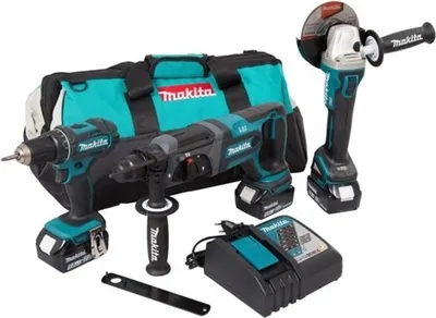 A set of power tools including a drill, a rotary hammer, and an angle grinder, along with a tool bag and charger, displayed against a white background.