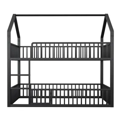 Produktbild von Merax Etagenbett 90x200cm mit Schutzgitter, Haus-Design mit Tür, Kinderbett Metallbett mit Treppe, Doppelbett stabil & sicher, Schwarz