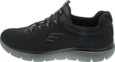 A side view of a black Skechers sneaker.