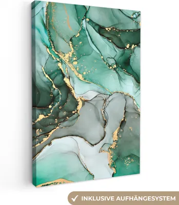 Produktbild von MuchoWow® - Leinwandbilder - Gold - Marmor - Grün - Luxus - Marmoroptik - Grau, Wandbild, Wanddeko Bilder Wohnzimmer, 60x90 cm